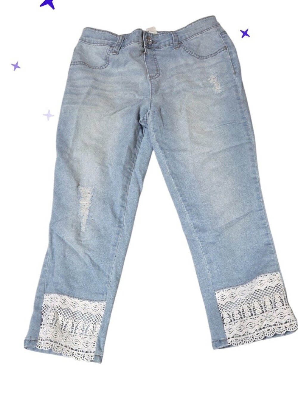 Justice 18 Stretch Light Blue Cropped Jeans with White Lace Hem